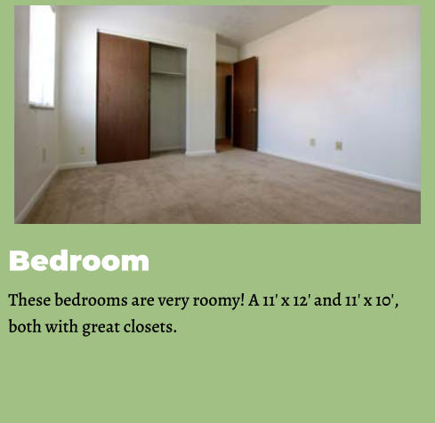 Bedroom These bedrooms are very roomy! A 11' x 12' and 11' x 10', both with great closets.